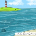 Zeichnung aus dem Buch "Corona-Cartoons aus der Quarantäne". Von Dora Landschulz. Ein Mann steht an einem Ufer und ruft einer anderen Person auf einer entfernten Inseln "Moin" zu.  