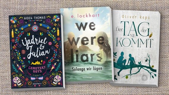 Buchcover: "Der Tag, der nie kommt", "Yadriel und Julian. Cemetery Boys" und "We Were Liars - Solange wir lügen" © 360 Grad Verlag / Harper Collins Verlag / Ravensburger Verlag 