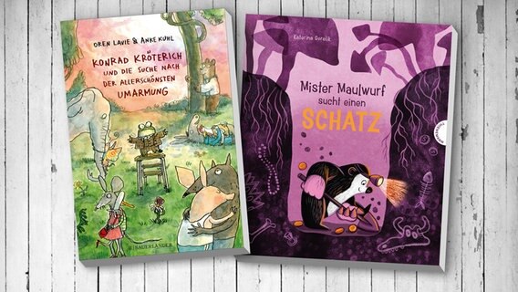 Montage der Buchcover: Mister Maulwurf findet einen Schatz / Konrad Kröterich und die Suche nach der allerschönsten Umarmung © Thienemann-Esslinger Verlag / FISCHER Sauerländer Verlag 