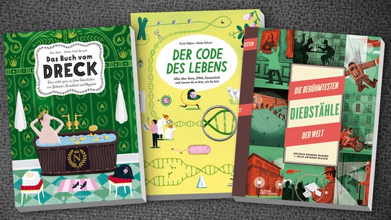 Collage der Buchcover: Das Buch vom Dreck / Der Code des Lebens / Die berühmtesten Diebstähle der Welt © Gerstenberg Verlag / Knesebeck Verlag / gestalten Verlag 