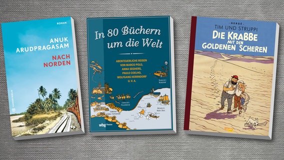 Buchcover: In 80 Büchern um die Welt / Nach Norden / Tim und Struppi: Die Krabbe mit den goldenen Scheren © wbg Theiss Verlag / Hanser Verlag / Carlsen Verlag 
