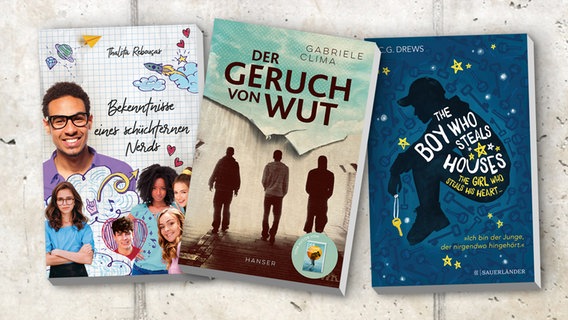 Collage der Buchcover: Der Geruch von Wut / Bekenntnisse eines schüchternen Nerds / The Boy Who Steals Houses © Hanser Verlag / cbj Jugendbuch / S. Fischer Verlag 