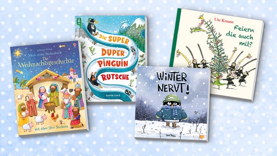 Collage der Buchcover: Feiern die auch mit? / Mein erstes Stickerbuch: Die Weihnachtsgeschichte / Winter nervt! / Die Super Duper Pinguin Rutsche © Gerstenberg Verlag / Usborne Verlag / cbj Kinderbücher / Thienemann Verlag 