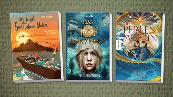 Collage der Buchcover: Die Perlenjägerin / Die Insel der Smartphone-Waisen / Das Tor der 7 Inseln. Unter Schmugglern © Knesebeck Verlag / Carlsen Verlag / Isensee Verlag 