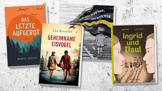 Collage der Buchcover: "Das letzte Aufgebot", "Geheimname Eisvogel", "Ingrid und Paul", "Nicht sehr lang her, nicht sehr weit weg" © Karibu Verlag / Verlagshaus Jacoby & Stuart / Fischer Sauerländer Verlag 