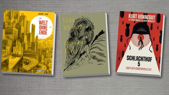 Collage der Buchcover: Schlachthof 5 / Starkes Ding / Welt ohne Ende © Cross Cult Verlag/Edition Moderne/Reprodukt Verlag 