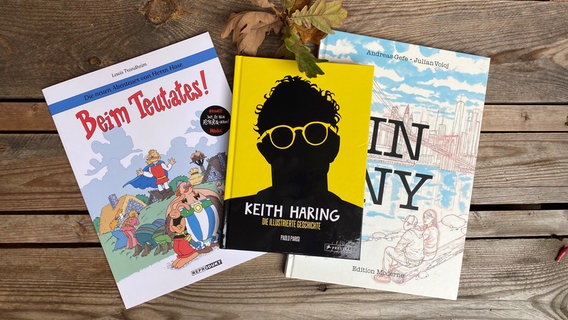 Collage der Buchcover: "Keith Haring", "IN NY" und "Die neuen Abendteuer von Herrn Hase Band, 6: Beim Teutas" © Prestel Verlag/Edition Moderne/Reprodukt Verlag 
