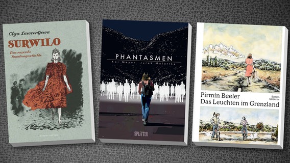 Buchcover: Montage der drei Bücher: "Das Leuchten im Grenzland", "Surwilo" und "Phantasmen" © Edition Moderne, Avant-Verlag, Splitter Verlag 