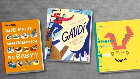 Cover Montage aus den Büchern "Gaudí. Architekt der Fantasie", "Wie macht man eigentlich ein Baby?" und "Hören" © NordSüd, Hanser und Gerstenberg Verlag 