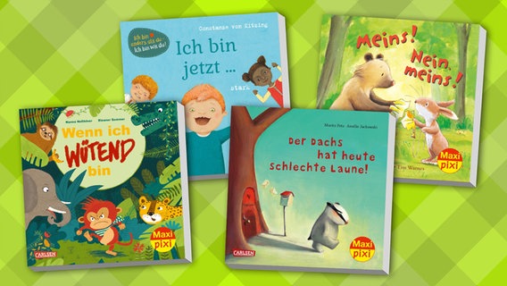 Collage der Buchcover: "Der Dachs hat heute schlechte Laune", "Wenn ich wütend bin", "Meins! Nein, meins!" und "Ich bin jetzt glücklich, wütend, stark" © Carlsen Verlag 