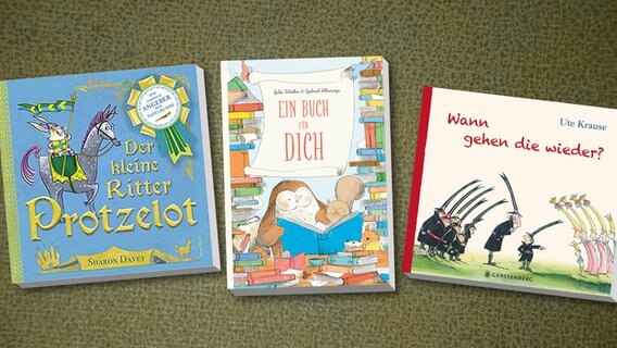 Cover-Collage von "Ein Buch für dich", "Der kleine Ritter Protzelot" und "Wann gehen die wieder?" © Gerstenberg / Boje / Dragonfly 