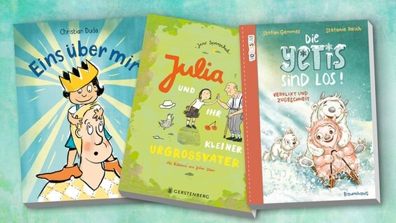 Cover von "Eins über mir", "Die Yetis sind los" und "Julia und ihr kleiner Urgroßvater" © Gerstenberg, Beltz, Baumhaus 