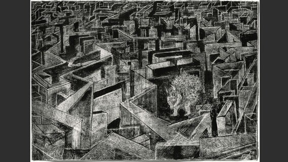 Friedrich Dürrenmatts Bild "Labyrinth II: Der verängstigte Minotaurus" © Friedrich Dürrenmatt / Centre Dürrenmatt Neuchâtel / Schweizerische Eidgenossenschaft 