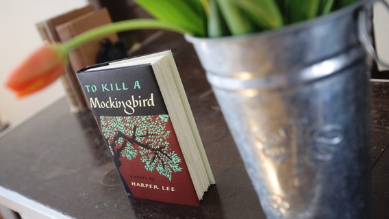 Das Buch "To Kill A Mockingbird" (Wer die Nachtigall stört") steht auf einem Tisch neben einem Blecheimer mit Tulpen © picture alliance / Dan Anderson/EPA/dpa | Dan Anderson Foto: Dan Anderson