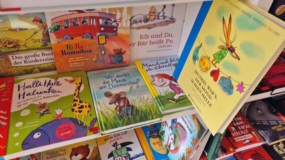 Verschiedene Kinderbücher liegen in einem Regal der Buchhandlung Mascha Kascha in Hannover. Verschiedene Kinderbücher liegen in einem Regal der Buchhandlung Mascha Kascha in Hannover. © NDR Foto: Agnes Bührig