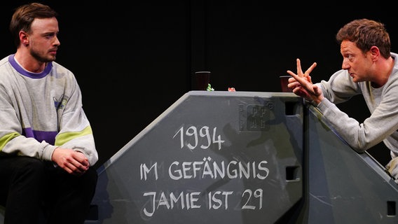 Zwei Männer sitzen links und rechts von einem grauen Klotz, auf dem steht: 1994 im Gefängnis Jamie ist 29 © Olaf Struck/ Theater Kiel Foto: Olaf Struck