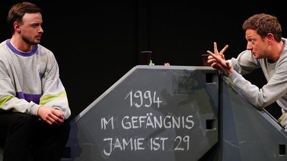 Zwei Männer sitzen links und rechts von einem grauen Klotz, auf dem steht: 1994 im Gefängnis Jamie ist 29 Zwei Männer sitzen links und rechts von einem grauen Klotz, auf dem steht: 1994 im Gefängnis Jamie ist 29 © Olaf Struck/ Theater Kiel Foto: Olaf Struck