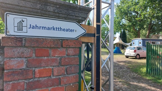 Ein weißer Pfeil, der nach rechts zeigt und auf dem steht Jahrmarkttheater. © Katrin Schwier / NDR Foto: Katrin Schwier / NDR