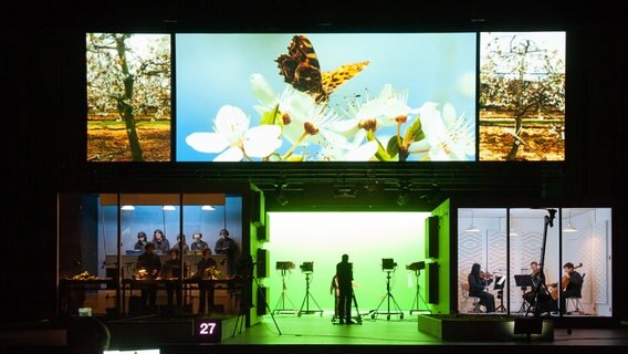 Dreigeteilte Bühne mit Videokamera-Szenen und Streichquartett © Hamburger Schauspielhaus Foto: Stephen Cummiskey