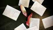 Zwei rote Schuhe liegen zwischen beschriebenen Zetteln © Inga Bruderek 