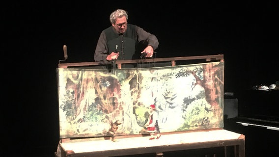 Rotkäppchen und der böse Wolf bewegen sich in einem Puppentheater. © NDR 