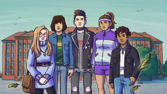 Eine Zeichnung mit fünf Jugendlichen vor einem roten Backsteingebäude. Es sind die fünf Personen aus dem Videogame "Erinnern. Die Kinder vom Bullenhuser Damm" © Paintbucket Games 