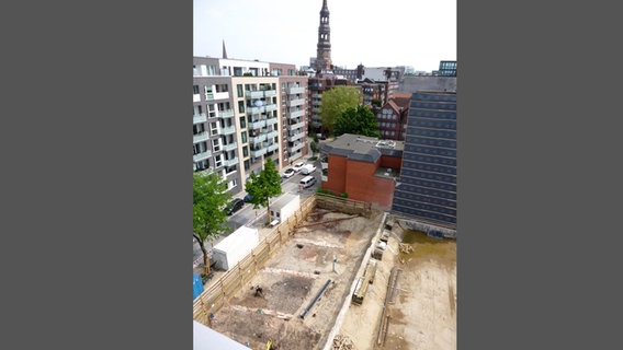 Die Grabungsstätte der Archäologen aus der Vogelperspektive im Cremon in Hamburg © Archäologisches Museum Hamburg. 