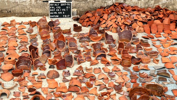 Funde von Tongefäßen zur Herstellung von Zuckerhüten in der Ausgrabungsstätte der Archäologen im Cremon in Hamburg © Archäologisches Museum Hamburg. 