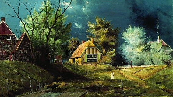 Buntes gemaltes Bild von Künstler Franz Radziwill, der eine Landschaft und sein Haus gezeichnet hat. © Kunsthalle Emden 