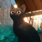 Eine schwarze Katze mit großen gelben Augen sitzt auf einer Straße - Szene aus dem Animationsfilm "Flow" © Sacrebleu Productions, Dream Well Studio, Take Five 