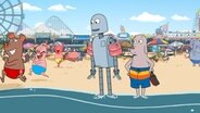 Ein Roboter und ein Hund stehen am Rande des Meeres am Strand von New York - im Animationsfilm "Robot Dreams" © Plaion Pictures 