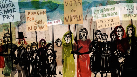 Eine Zeichnung von Frauen in Indien, die Transparente mit Slogans tragen wie: "Votes for Women" (Wahlrecht für Frauen) - Filmstill vom Animationsfilm "Sultanas Traum" © Fabian&Fred 