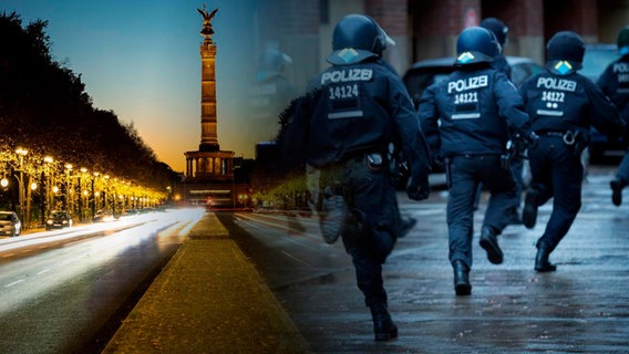 Fotocollage: Die Berliner Siegessäule und rennende Polizisten sind zu sehen. © phoenix/ZDF 
