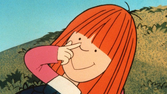Die Zeichentrickfigur Wicki mit feuerroten Haaren reibt sich mit dem Zeigefinger unter der Nase © imago images/Mary Evans 