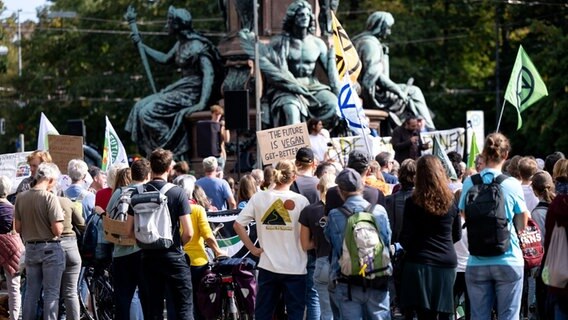 Eine Gruppe Menschen von hinten mit Plakaten in den Händen. © dpa Bildfunk Foto: Sven Hoppe