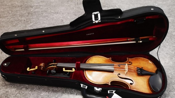 Eine Geige liegt in einem geöffneten Geigenkasten © dpa/Bundespolizei 