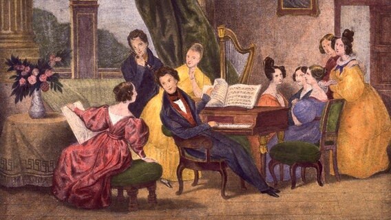 "Chopin am Klavier" - Lithographie von Achille Deveria (1800-1857), neukoloriert. © picture-alliance / akg-images | akg-images 