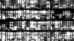 Eine schwarz-weiß-Aufnahme einer gläseren Fassade eines Bürohauses.