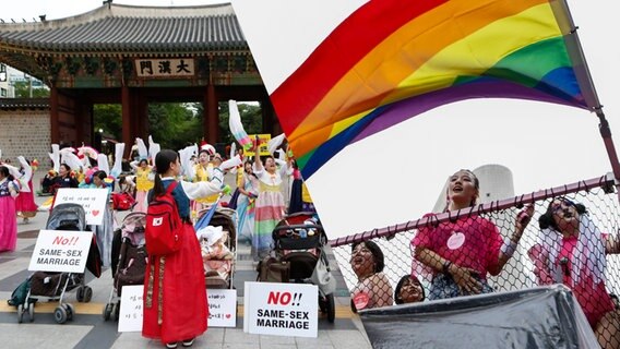 Mitglieder einer Anti-LGBT-Gruppe treten in der Nähe eines Platzes in Seoul auf und schreien Parolen. © picture alliance / NurPhoto | Seung-il Ryu Foto: Seung-il Ryu