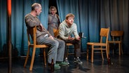 Zwei Darsteller sitzen auf Stühlen, während eine dritte Darstellerin hinten durch einen Vorhang auf die Bühne tritt. © Henrik Matzen Foto: Henrik Matzen