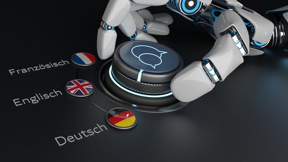 Eine Roboterhand bedient einen Drehknopf und wählt zwischen Englischer, Französischer und Deutscher Sprache. © picture alliance / Zoonar Foto:  Alexander Limbach