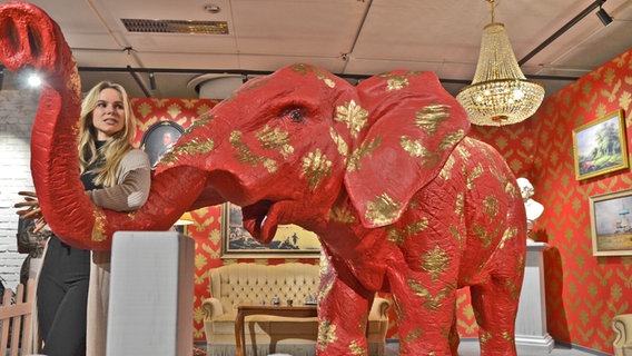 Eine große rote Elefantenskulptur steht in einem Raum. © NDR Foto: Patricia Batlle