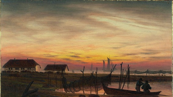 Ein Boot im flachen Wasser vor Sonnenaufgang, im Hintergrund ein Haus. © Museum Behnhaus Drägerhaus / Michael Haydn 