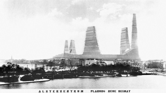 Eine Fotomontage des geplanten Alsterzentrums in Hamburg von 1968. © Stiftung Historische Museen Hamburg (SHMH) /Hamburger Architekturarchiv 