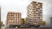 Ein großes Gebäude mit zwei unterschiedlich hohen Gebäuden. © Digital Art Museum Hamburg Foto: Heide und von Beckerath