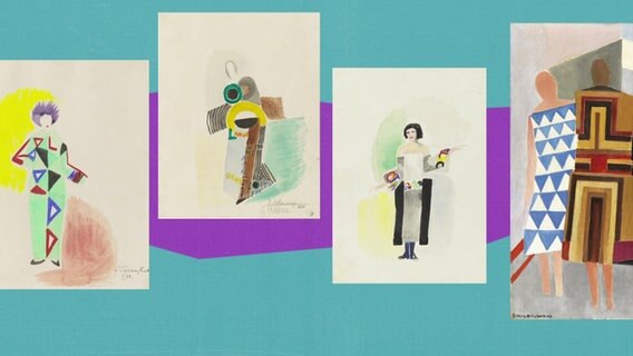 Vier Zeichnungen von Sonia Delaunay vor blauem Hintergrund © Screenshot NDR 