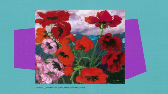 Das Gemälde "Großer Mohn (rot, rot, rot)" von Emil Nolde aus dem Jahr 1942 vor lila-blauem Hintergrund © Screenshot NDR 