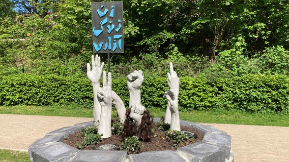 Die Skulptur "Jinas Beet" in Hamburg: aus einem grauen Steinbrunnen ragen weiße Hände hervor, drum herum wachsen Pflanzen © NDR Foto: Antonia Reiff