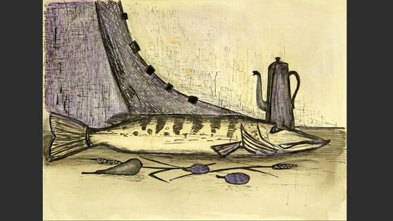 Fisch und Kanne - Eine Zeichnung von Ernst Schroeder im Pommerschen Landesmuseum © Pommersches Landesmuseum 