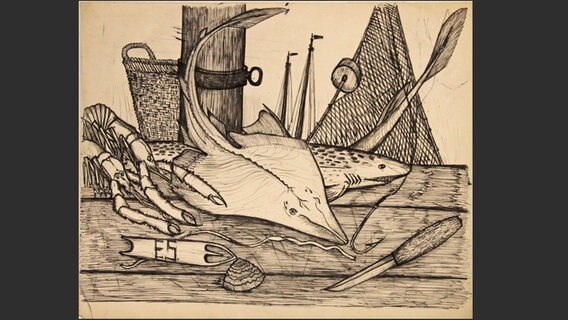 "Fischerschiffstillleben" - eine  Zeichnung von Ernst Schroeder im Pommerschen Landesmuseum © Pommersches Landesmuseum 
